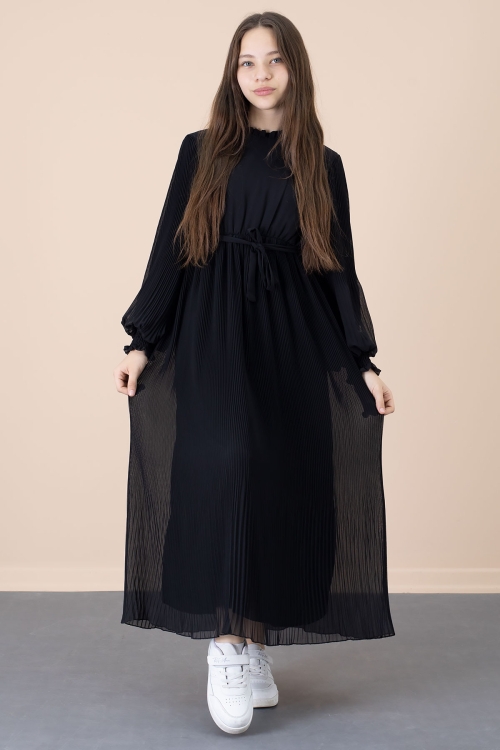 Siyah Yakası Fırfırlı Kuşaklı Kız Çocuk Piliseli Şifon Elbise 20560