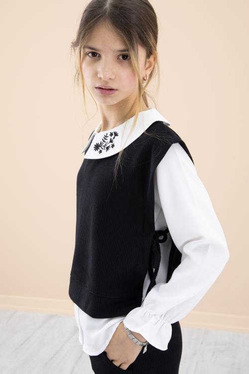 Siyah Yakası Nakışlı Gömlekli Süveterli Kız Çocuk 3lü Takım 20268