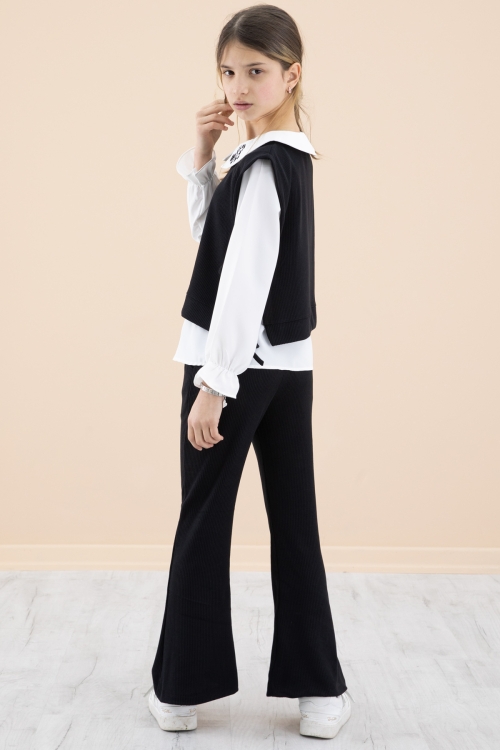 Siyah Yakası Nakışlı Gömlekli Süveterli Kız Çocuk 3lü Takım 20268