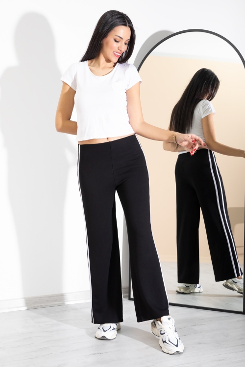 Siyah Yanları Şeritli Geniş Paça Kadın Eşofman Altı 20365