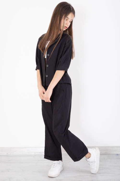 Siyah Yarım Kol Kız Çocuk 3lü Croplu Takım 20322