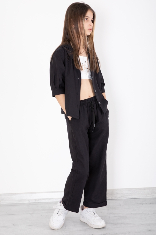 Siyah Yarım Kol Kız Çocuk 3lü Croplu Takım 20322