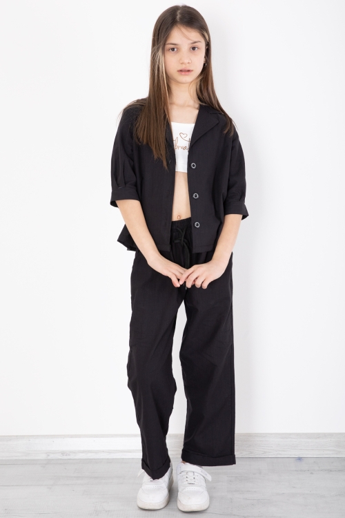 Siyah Yarım Kol Kız Çocuk 3lü Croplu Takım 20322