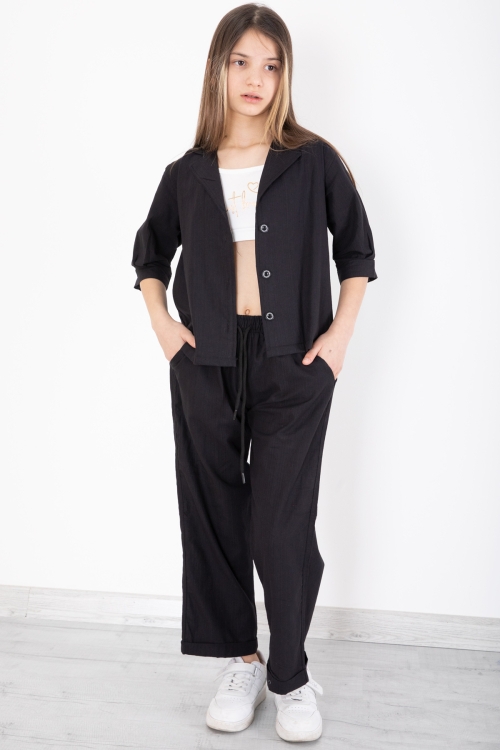 Siyah Yarım Kol Kız Çocuk 3lü Croplu Takım 20322