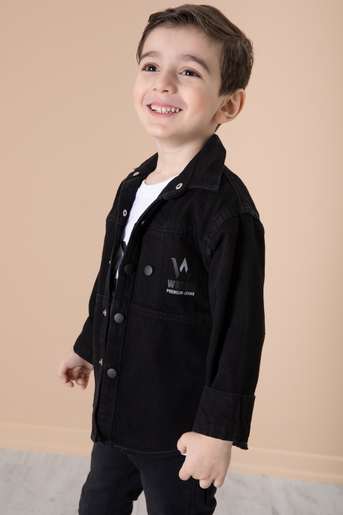 Siyah Yazı Baskılı Bisiklet Yaka Tişörtlü Erkek Çocuk Jean Gömlek 20077