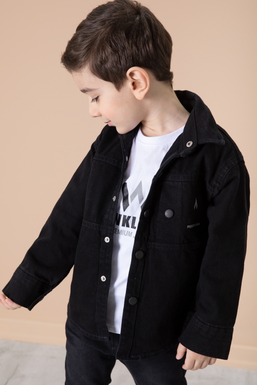 Siyah Yazı Baskılı Bisiklet Yaka Tişörtlü Erkek Çocuk Jean Gömlek 20077