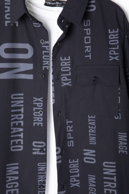 Siyah Yazı Baskılı Gömlek Beyaz Tişörtlü Erkek Çocuk 2li Takım 20136