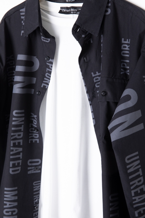 Siyah Yazı Baskılı Gömlek Beyaz Tişörtlü Erkek Çocuk 2li Takım 20136