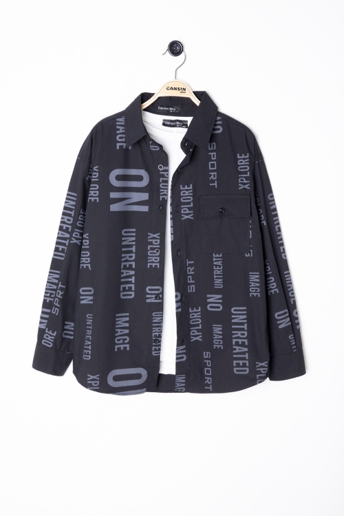 Siyah Yazı Baskılı Gömlek Beyaz Tişörtlü Erkek Çocuk 2li Takım 20136