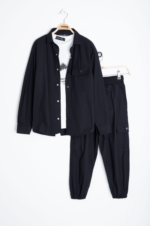 Siyah Yazılı Tişörtlü Paraşüt Gömlekli Erkek Çocuk 3lü Alt Üst Takım 20539