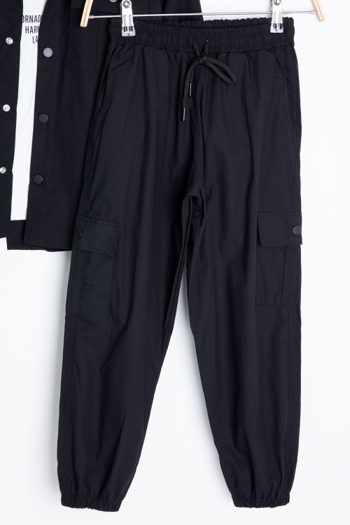 Siyah Yazılı Tişörtlü Paraşüt Gömlekli Erkek Çocuk 3lü Alt Üst Takım 20539