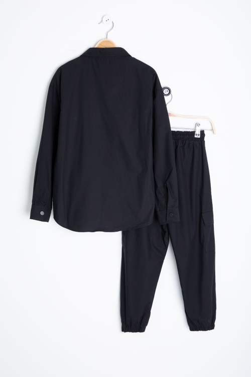 Siyah Yazılı Tişörtlü Paraşüt Gömlekli Erkek Çocuk 3lü Alt Üst Takım 20539