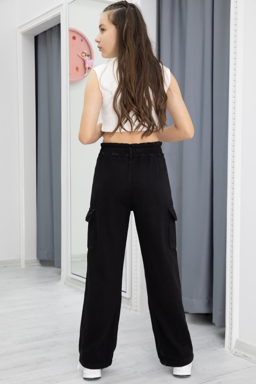 Siyah Yüksek Bel Kargo Cep Kız Çocuk Jean Pantolon 20301