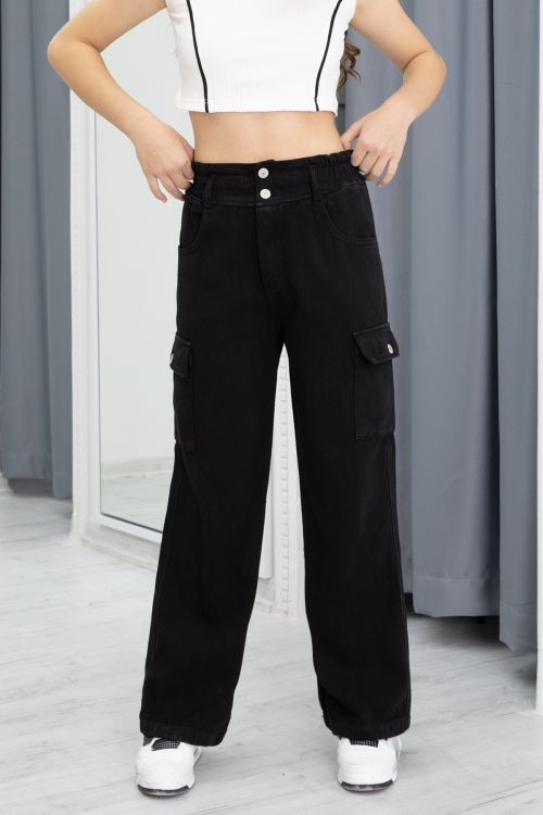 Siyah Yüksek Bel Kargo Cep Kız Çocuk Jean Pantolon 20301