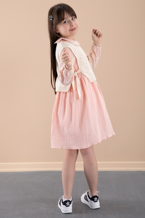 Somon Çiçek İşlemeli Süveterli Kız Çocuk Müslin Elbise 20480