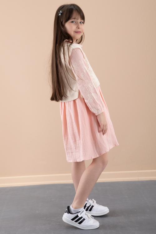 Somon Çiçek İşlemeli Süveterli Kız Çocuk Müslin Elbise 20480