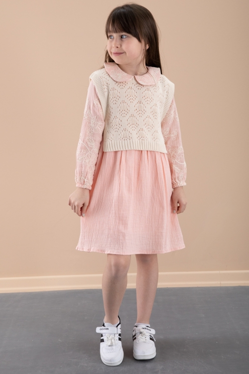 Somon Çiçek İşlemeli Süveterli Kız Çocuk Müslin Elbise 20480