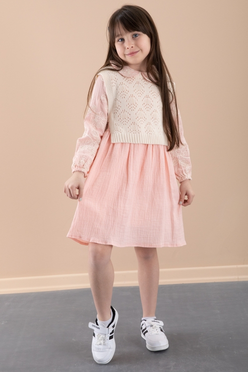 Somon Çiçek İşlemeli Süveterli Kız Çocuk Müslin Elbise 20480