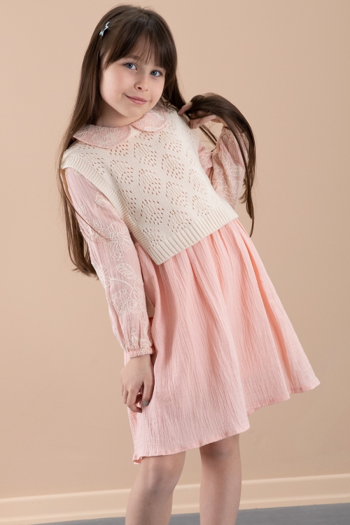 Somon Çiçek İşlemeli Süveterli Kız Çocuk Müslin Elbise 20480