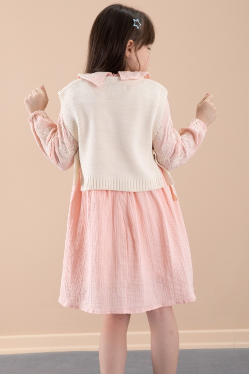 Somon Çiçek İşlemeli Süveterli Kız Çocuk Müslin Elbise 20480