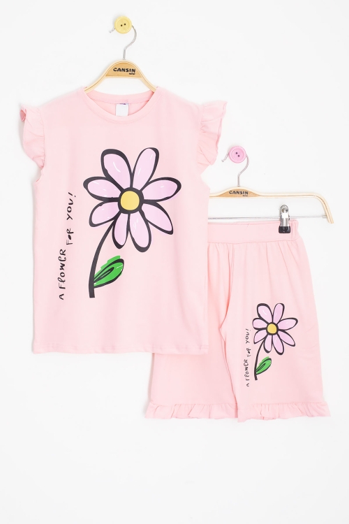 Somon Papatya Baskılı Fırfır Detaylı Kız Çocuk Şortlu 2li Takım 20603