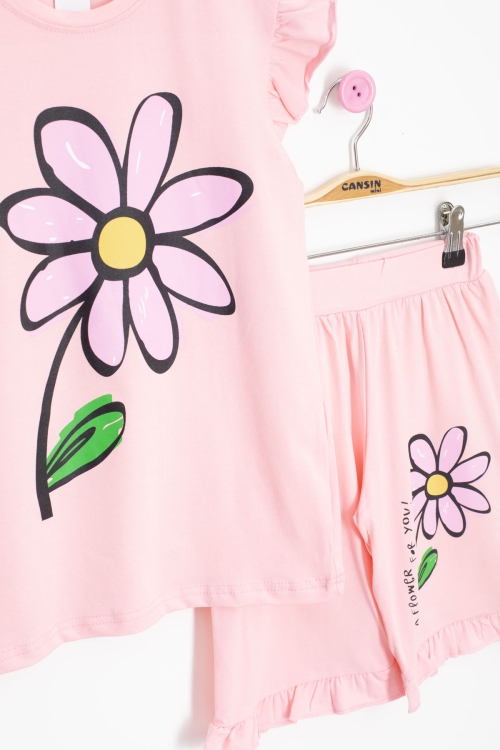 Somon Papatya Baskılı Fırfır Detaylı Kız Çocuk Şortlu 2li Takım 20603