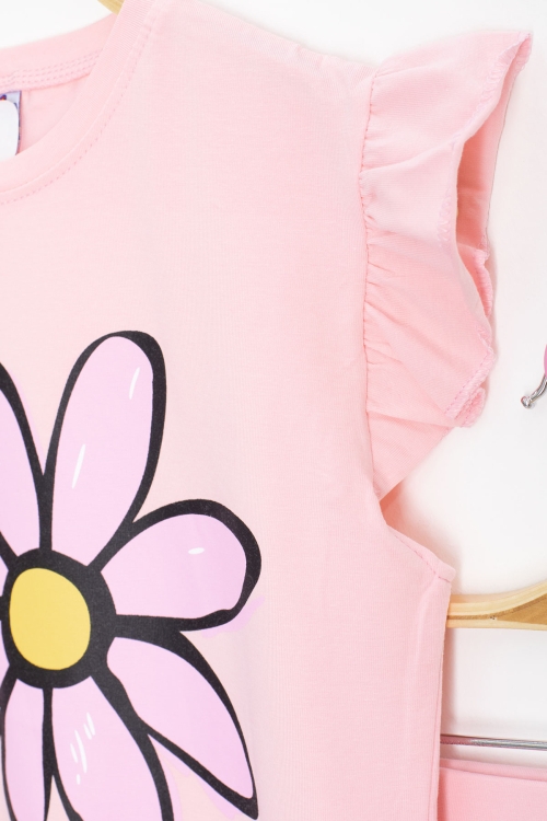 Somon Papatya Baskılı Fırfır Detaylı Kız Çocuk Şortlu 2li Takım 20603