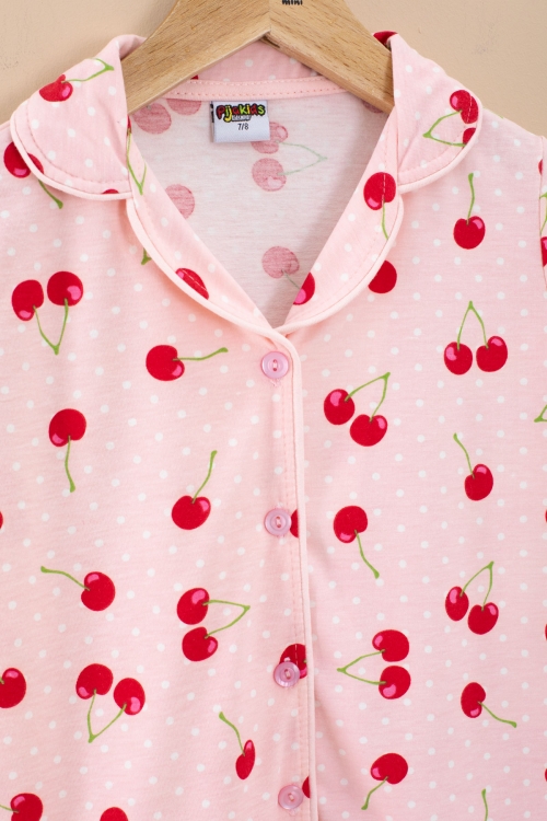 Somon Puantiyeli Kiraz Desenli Kısa Kol Kız Çocuk Pijama Takımı (Göz Bantlı) 20565