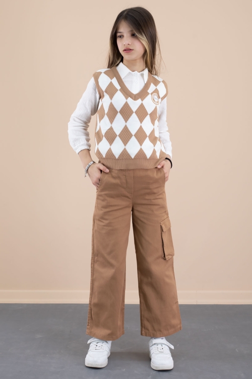 Taba Baklava Desenli Süveterli Gömlekli Kız Çocuk 3lü Takım 20532