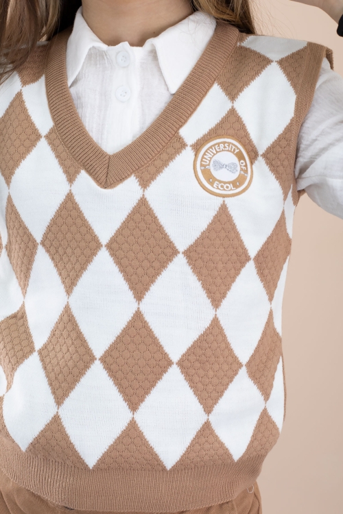 Taba Baklava Desenli Süveterli Gömlekli Kız Çocuk 3lü Takım 20532