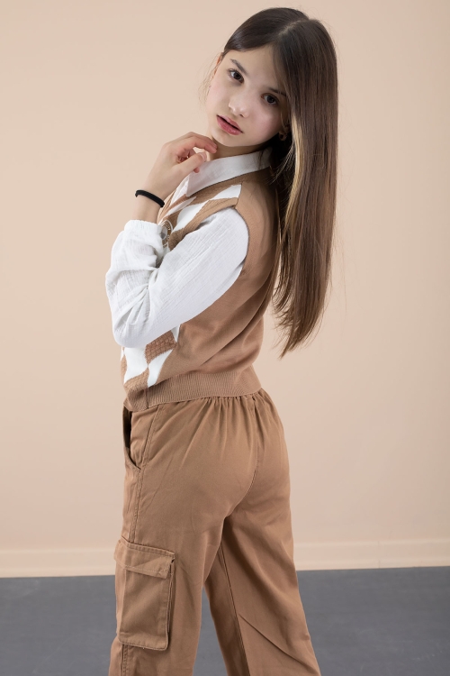 Taba Baklava Desenli Süveterli Gömlekli Kız Çocuk 3lü Takım 20532