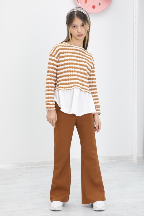 Taba Çizgili Bluzlu İspanyol Paça Pantolonlu Kız Çocuk 2li Takım 19983