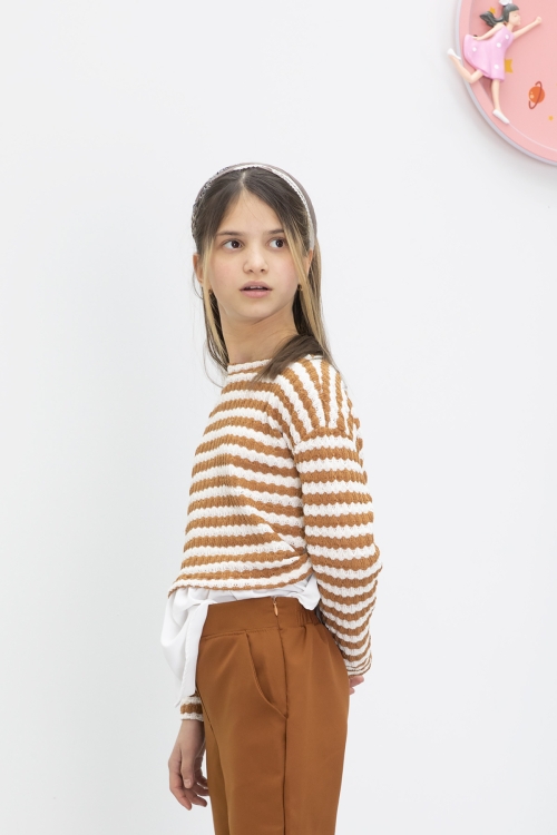 Taba Çizgili Bluzlu İspanyol Paça Pantolonlu Kız Çocuk 2li Takım 19983