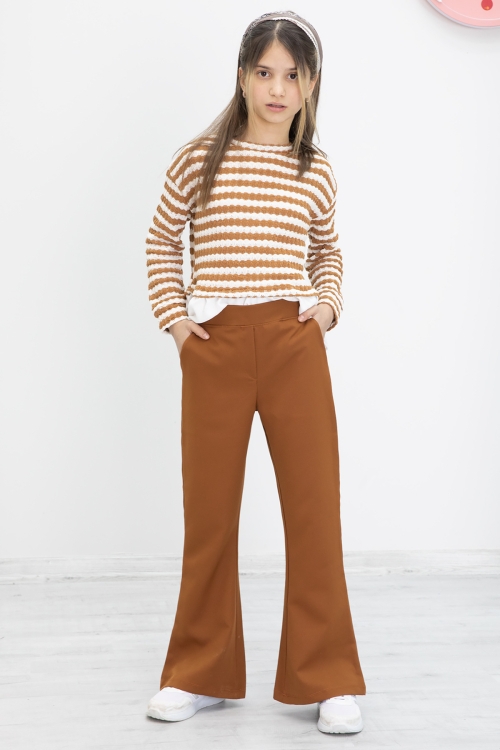 Taba Çizgili Bluzlu İspanyol Paça Pantolonlu Kız Çocuk 2li Takım 19983