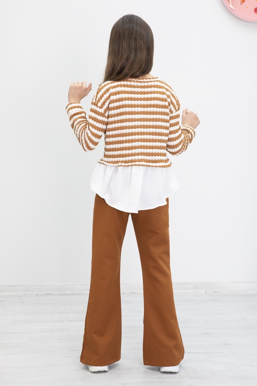 Taba Çizgili Bluzlu İspanyol Paça Pantolonlu Kız Çocuk 2li Takım 19983