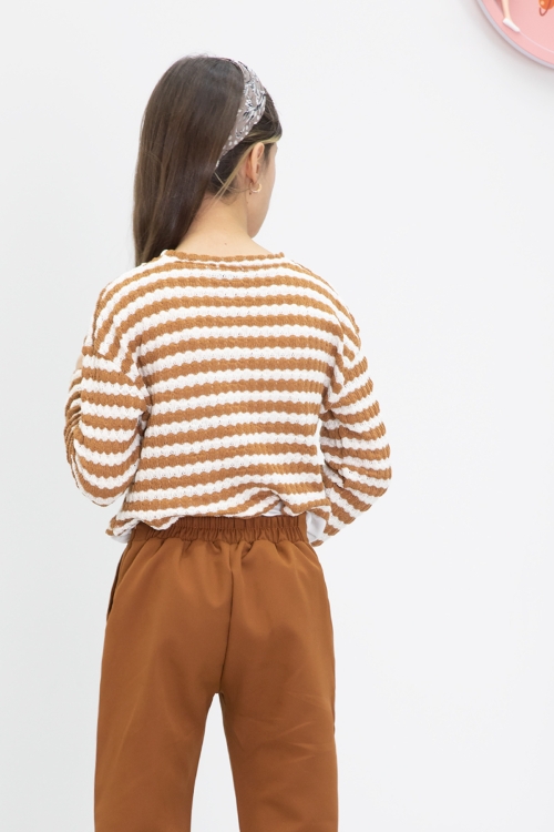 Taba Çizgili Bluzlu İspanyol Paça Pantolonlu Kız Çocuk 2li Takım 19983