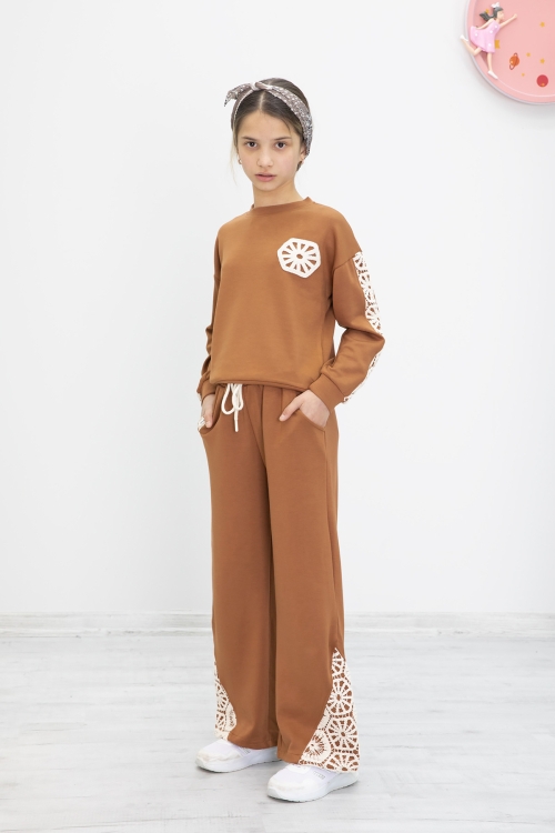 Taba Dantel İşlemeli Geniş Paça Pantolonlu Kız Çocuk Takım 19982