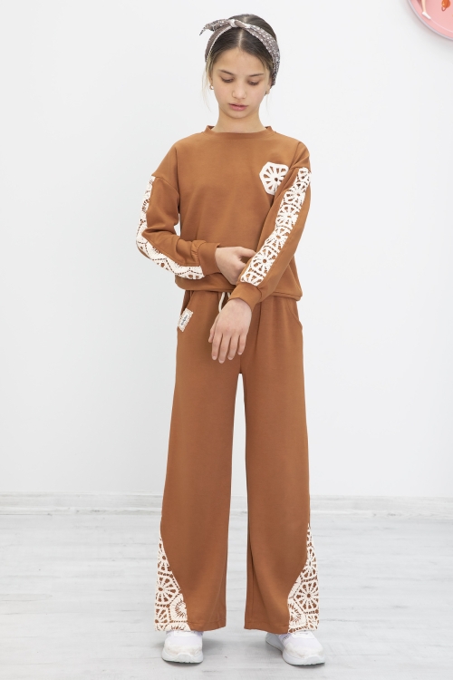 Taba Dantel İşlemeli Geniş Paça Pantolonlu Kız Çocuk Takım 19982