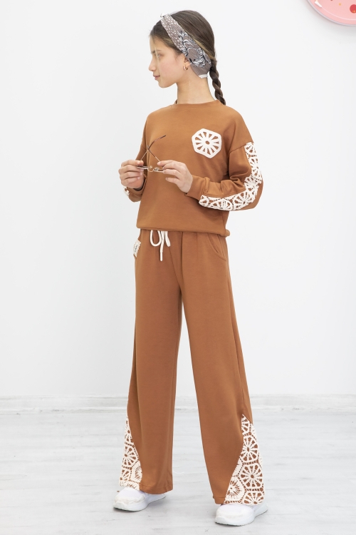 Taba Dantel İşlemeli Geniş Paça Pantolonlu Kız Çocuk Takım 19982