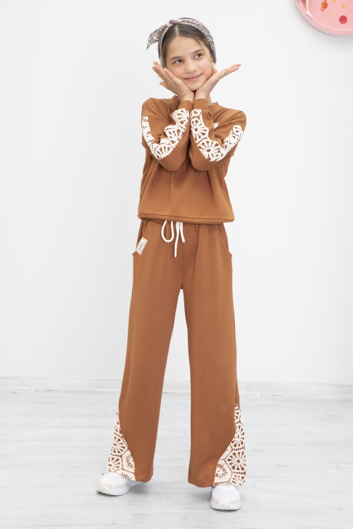 Taba Dantel İşlemeli Geniş Paça Pantolonlu Kız Çocuk Takım 19982