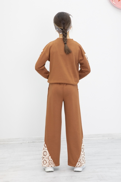 Taba Dantel İşlemeli Geniş Paça Pantolonlu Kız Çocuk Takım 19982