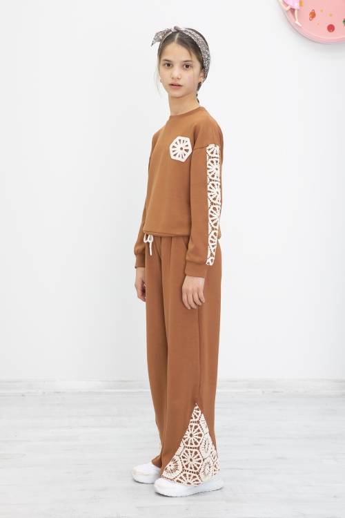 Taba Dantel İşlemeli Geniş Paça Pantolonlu Kız Çocuk Takım 19982