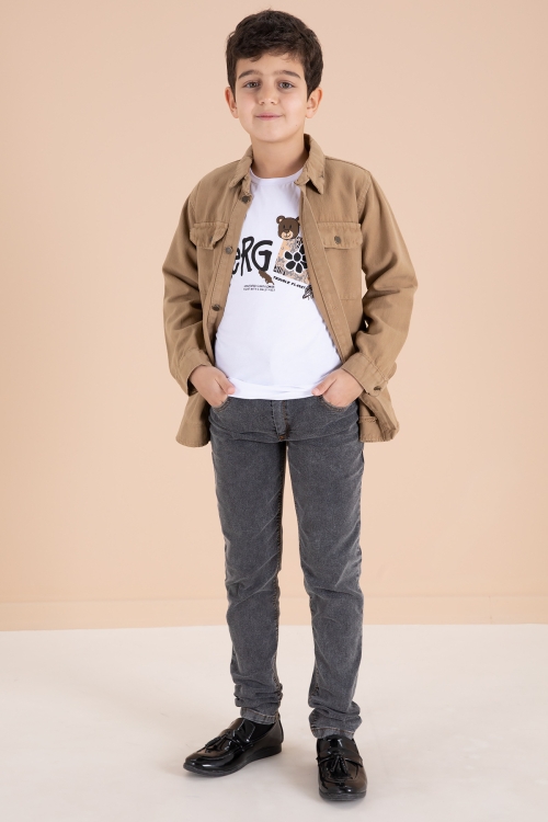 Taba Göğüs Cepli Gömlekli Jean Pantolonlu Erkek Çocuk 3lü Takım 19968