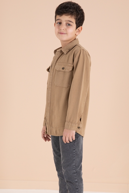 Taba Göğüs Cepli Gömlekli Jean Pantolonlu Erkek Çocuk 3lü Takım 19968