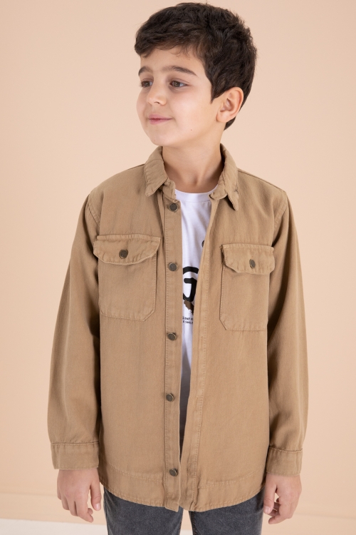 Taba Göğüs Cepli Gömlekli Jean Pantolonlu Erkek Çocuk 3lü Takım 19968