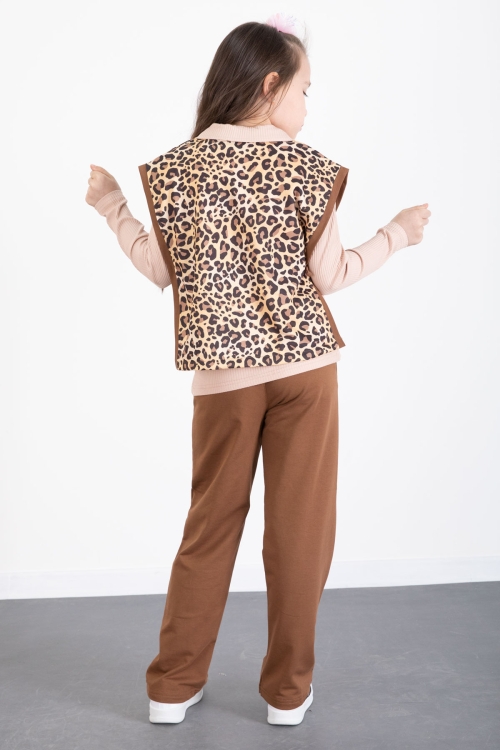 Taba Leopar Desenli Süveterli Badili Kız Çocuk Pantolonlu 3lü Takım 20528