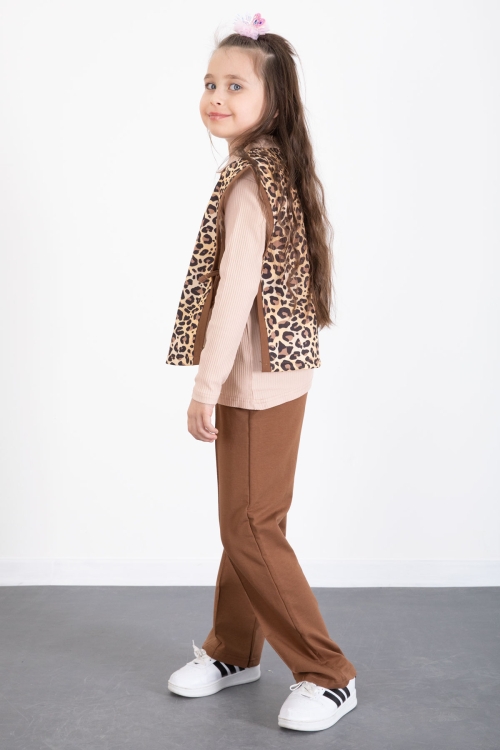 Taba Leopar Desenli Süveterli Badili Kız Çocuk Pantolonlu 3lü Takım 20528