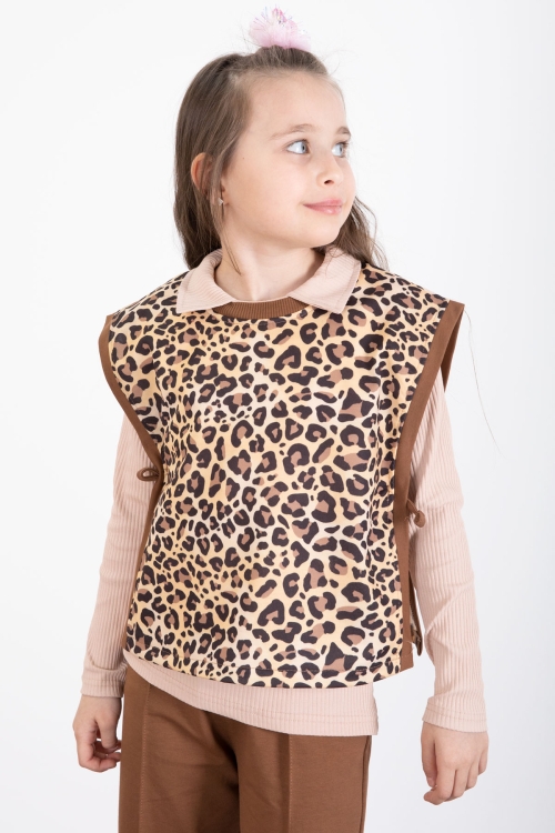 Taba Leopar Desenli Süveterli Badili Kız Çocuk Pantolonlu 3lü Takım 20528