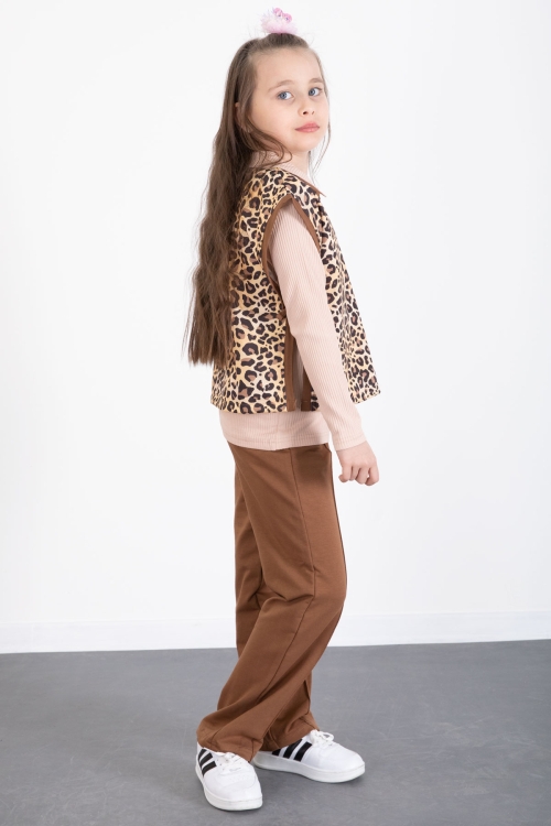 Taba Leopar Desenli Süveterli Badili Kız Çocuk Pantolonlu 3lü Takım 20528
