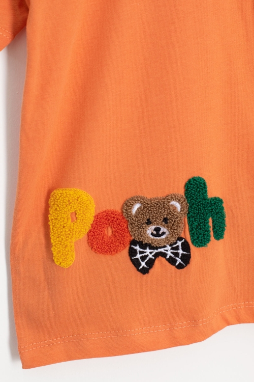 Turuncu Ayıcık Nakışlı Kısa Kol Tişörtlü Erkek Çocuk Şortlu Takım 20579